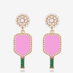 Pickleball pearl dangle pink earrings with green handles